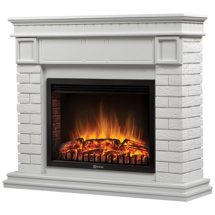 Каминокомплект: Очаг Electrolux EFP/P-2520LS N, портал Bricks 25 камень белый, белая эмаль