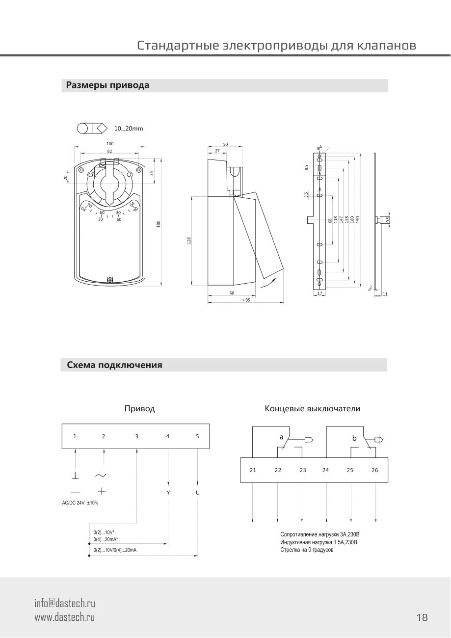 Размеры и схема подключения электропривода Dastech DA-08N220-SR